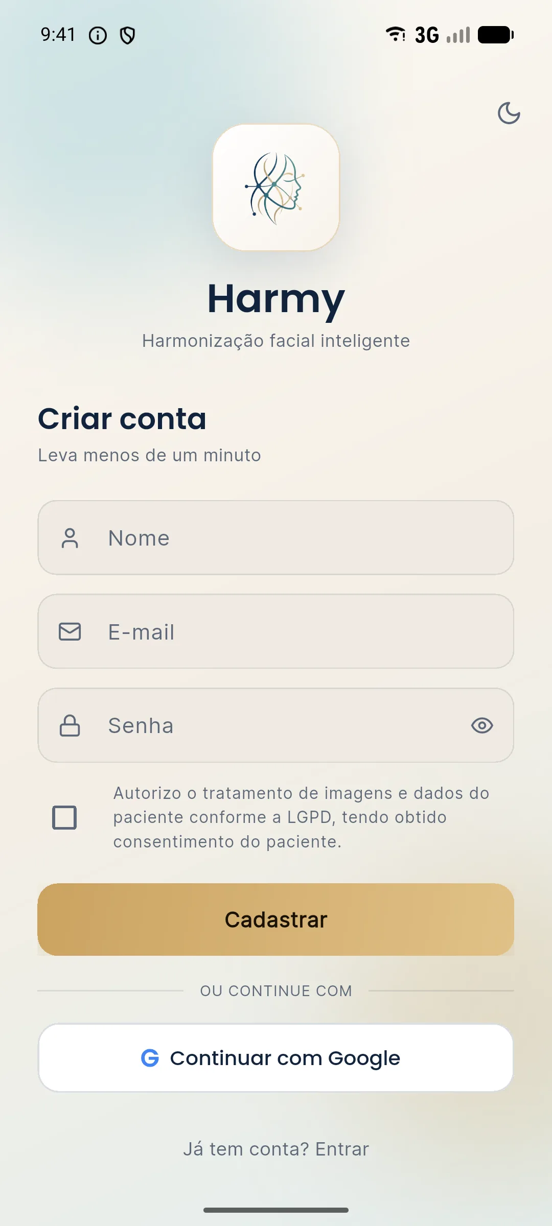 Tela Criar conta do Harmy com campos Nome, E-mail e Senha, caixa de consentimento LGPD e botão Cadastrar