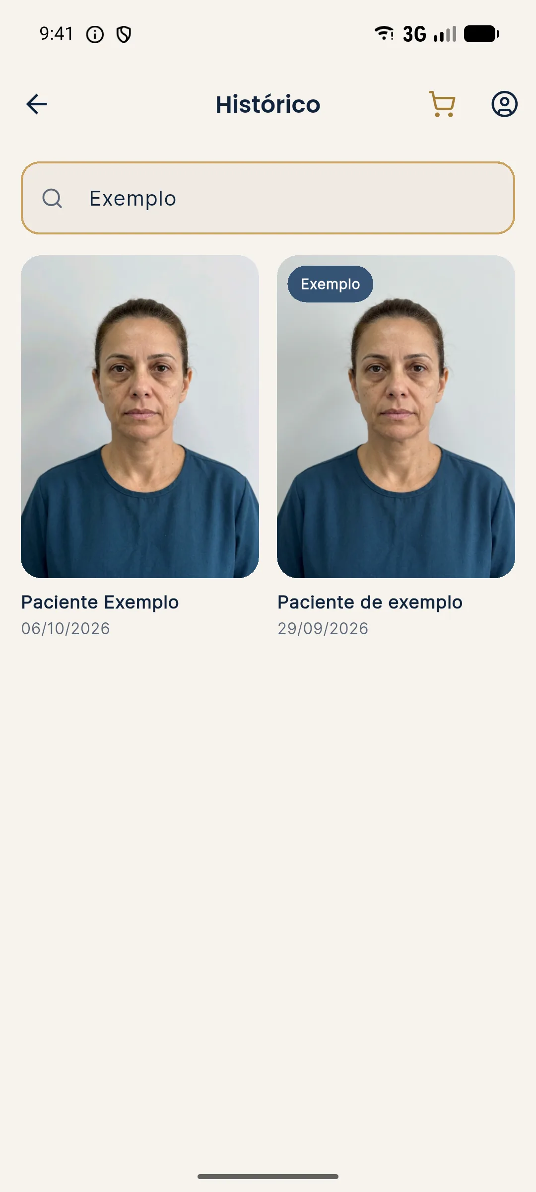 Histórico do Harmy com a busca Exemplo e dois cartões da pessoa fictícia, um deles com o selo Exemplo, com nome e data