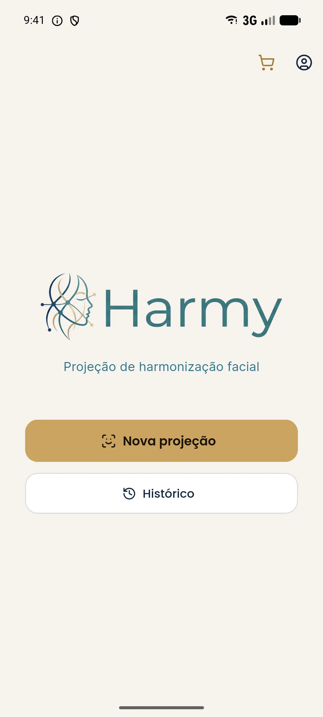 Tela inicial do Harmy com os botões Nova projeção e Histórico, carrinho e ícone de perfil no alto