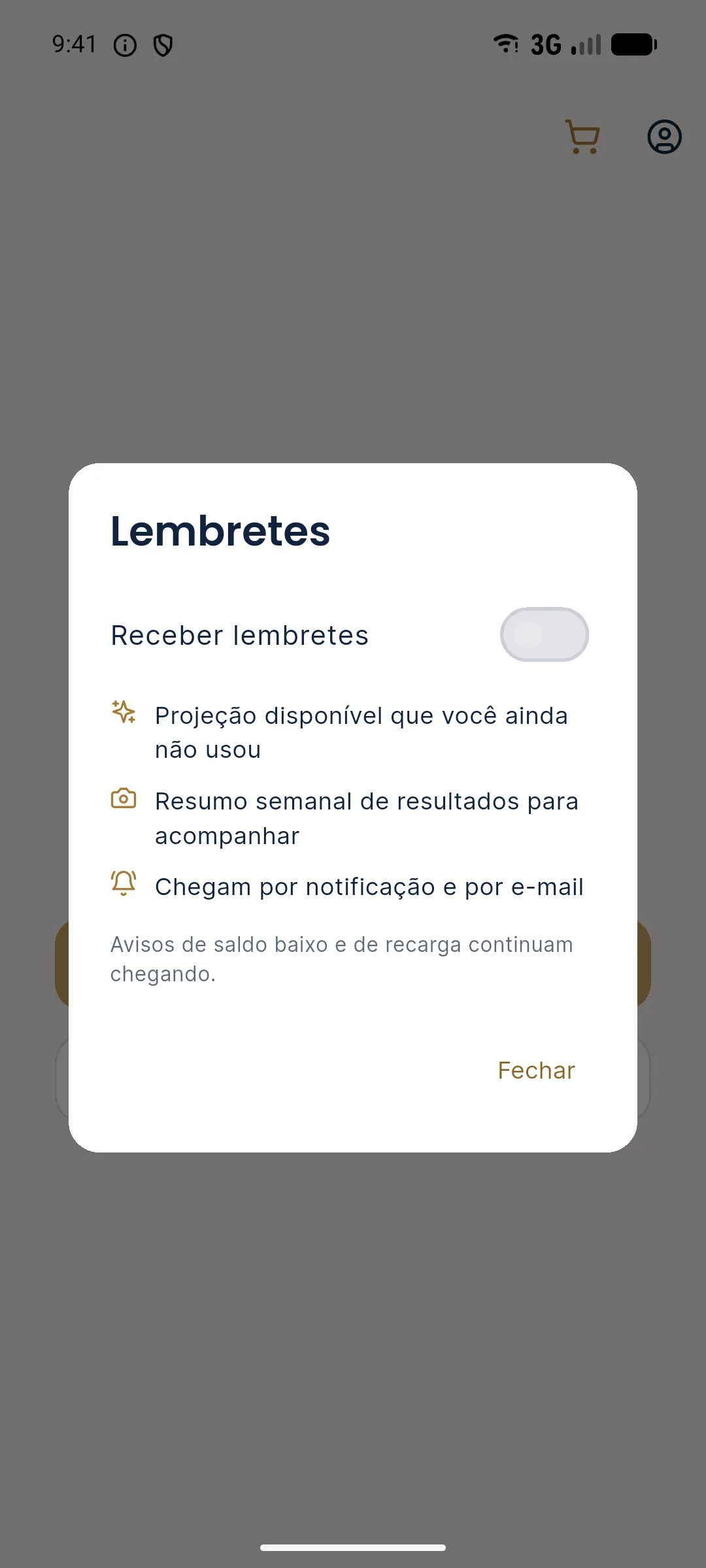 Janela Lembretes do Harmy com a chave Receber lembretes e a explicação do que é enviado