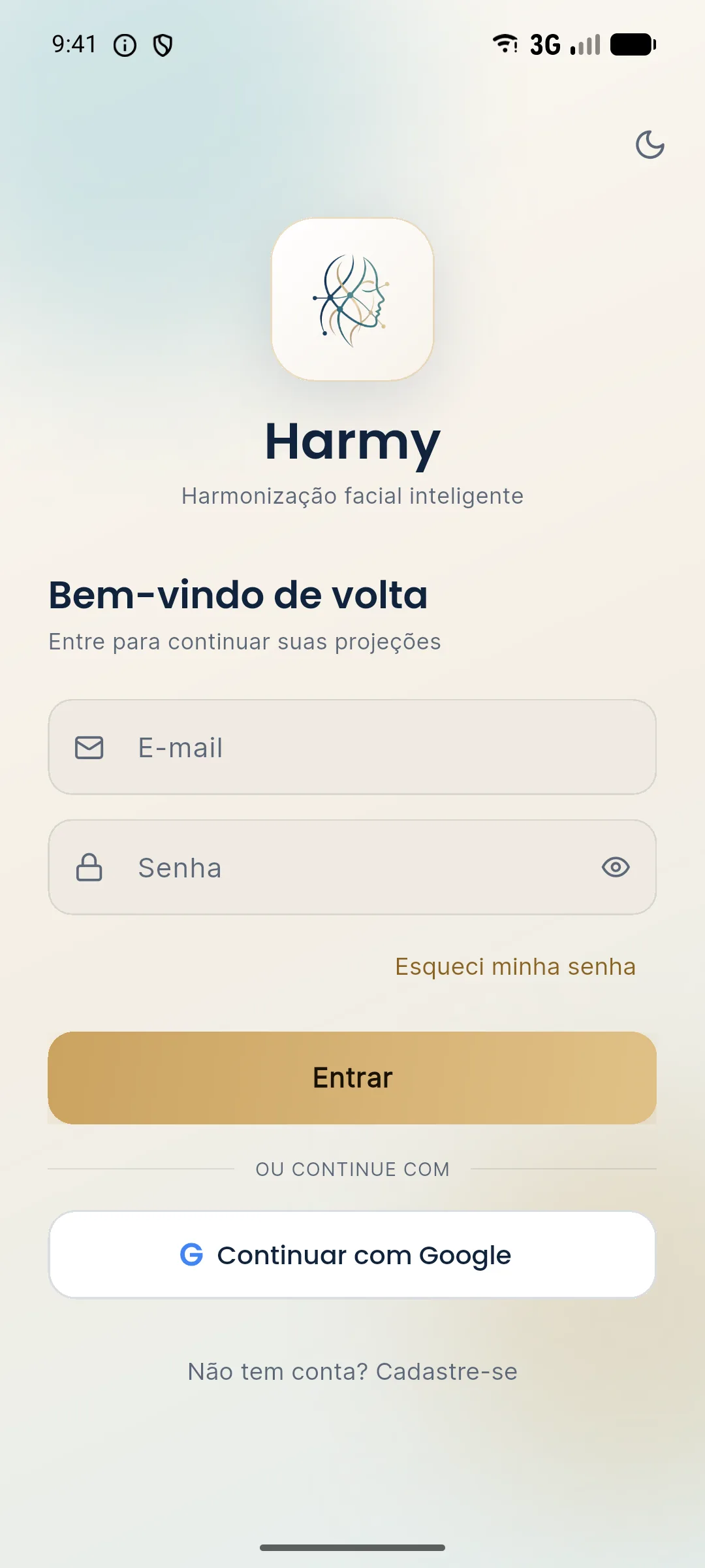 Tela de login do Harmy com campos de e-mail e senha, botão Entrar e opção Continuar com Google