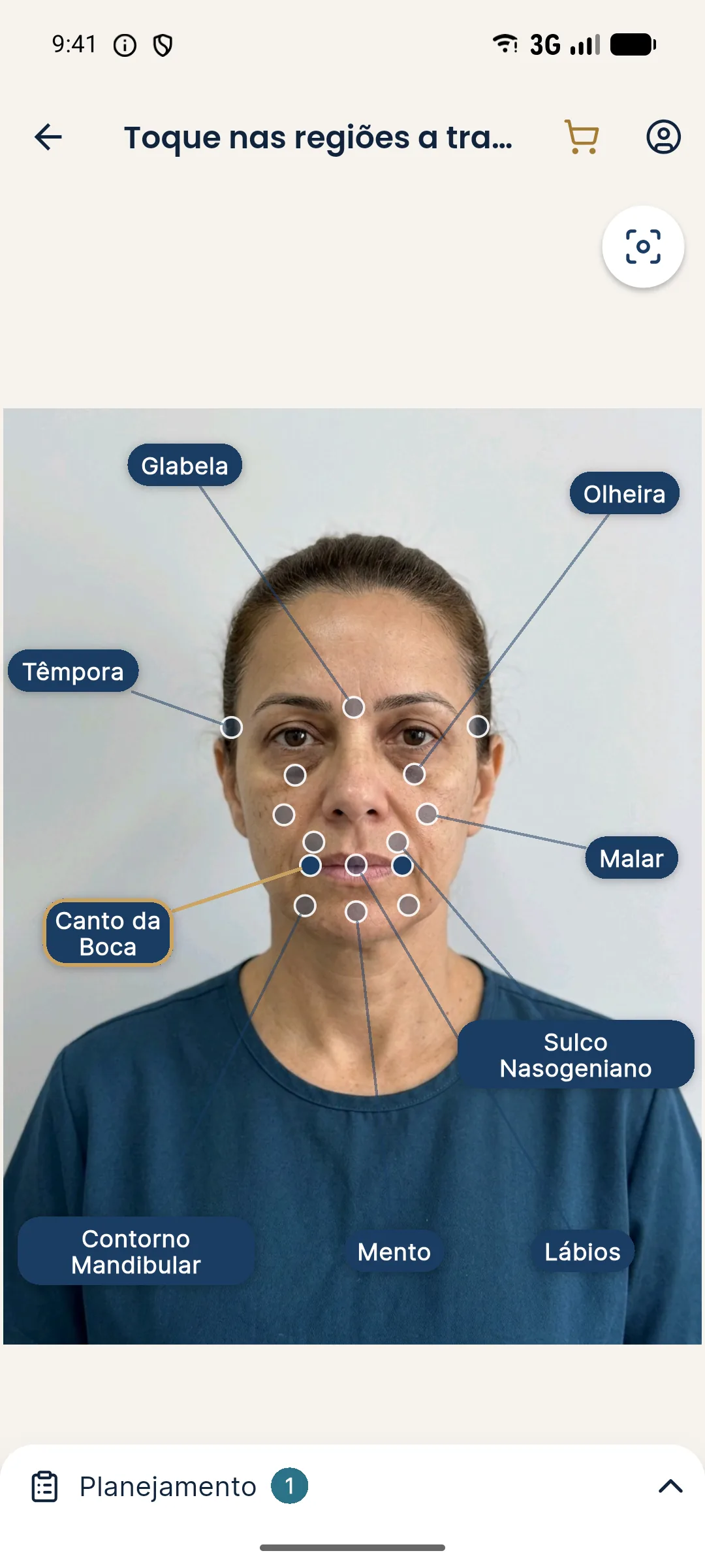 Tela de marcação do Harmy com o ponto Canto da Boca selecionado sobre a foto da pessoa fictícia