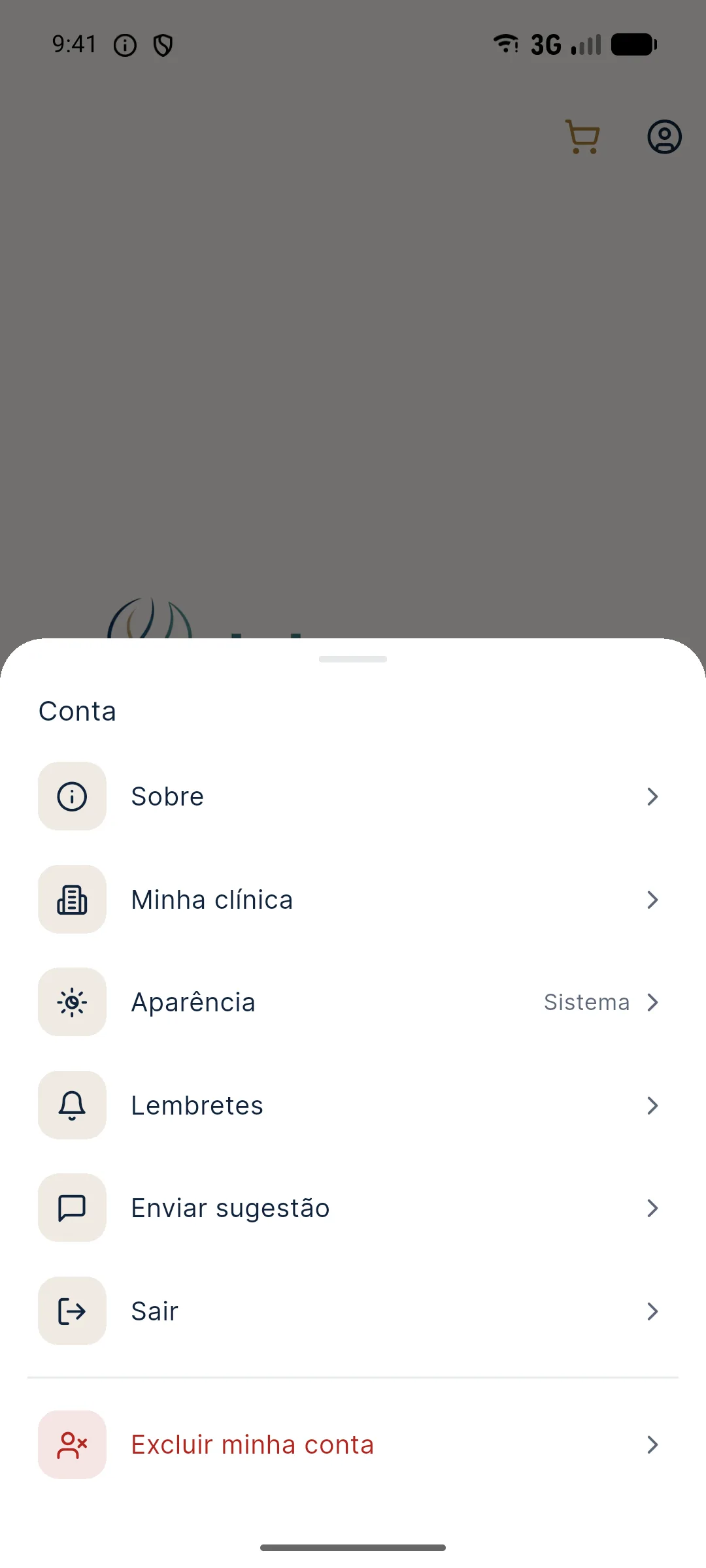 Menu Conta do Harmy com as opções Sobre, Minha clínica, Aparência, Lembretes, Enviar sugestão, Sair e Excluir minha conta