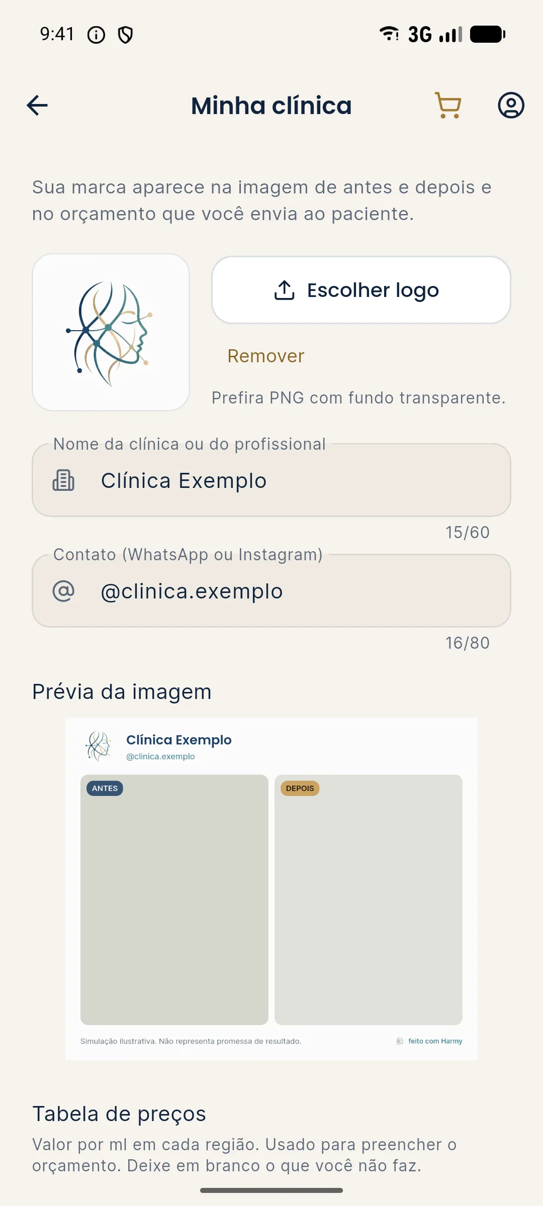 Tela Minha clínica do Harmy com logo, nome Clínica Exemplo, contato @clinica.exemplo e a prévia da imagem de antes e depois