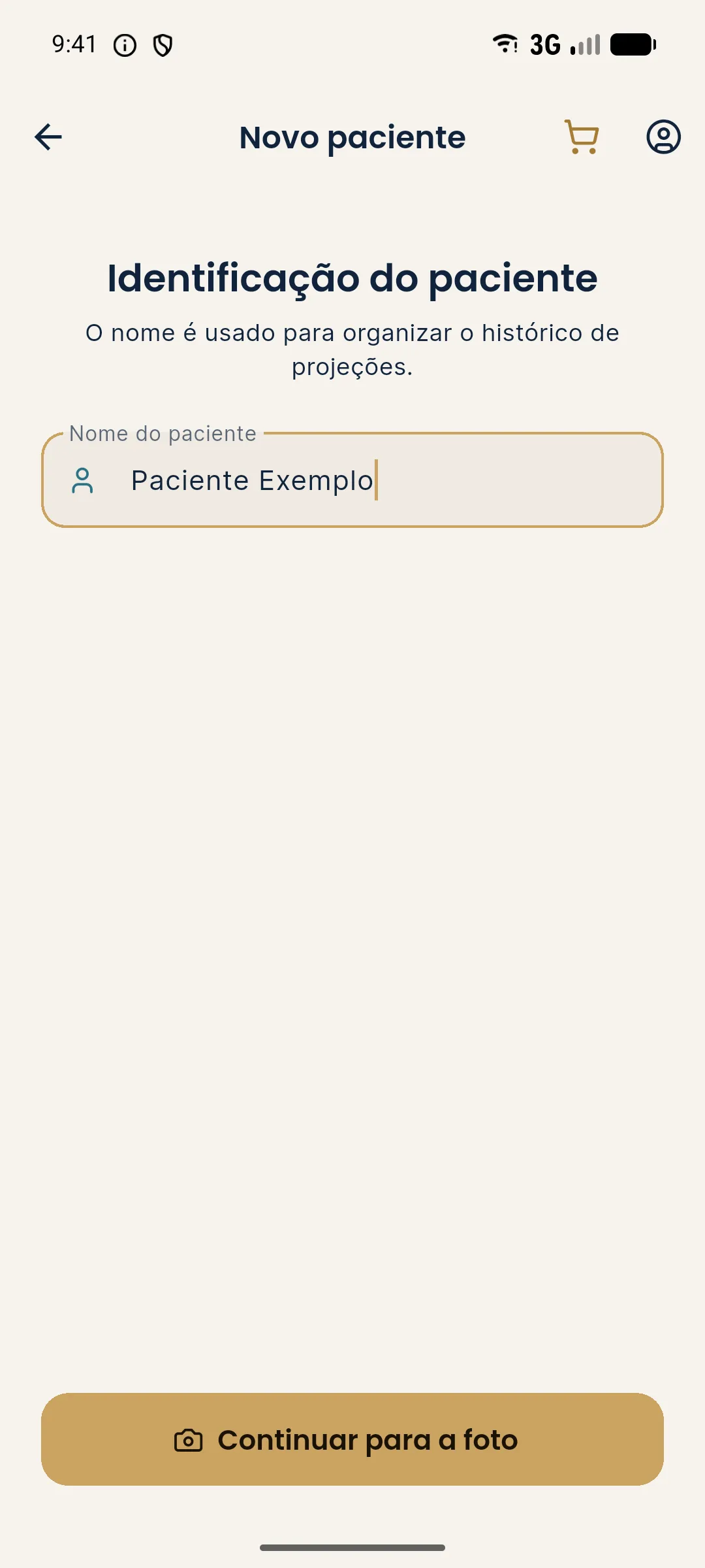 Tela Novo paciente do Harmy com o campo Nome do paciente preenchido e o botão Continuar para a foto