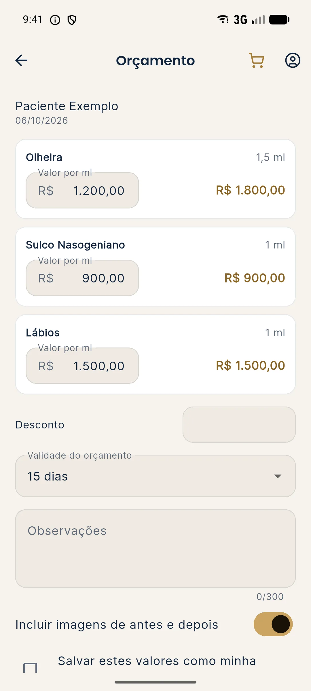 Tela Orçamento do Harmy com Olheira 1,5 ml a R$ 1.200,00 por ml, Sulco Nasogeniano 1 ml a R$ 900,00 e Lábios 1 ml a R$ 1.500,00, campos Desconto, Validade e Observações