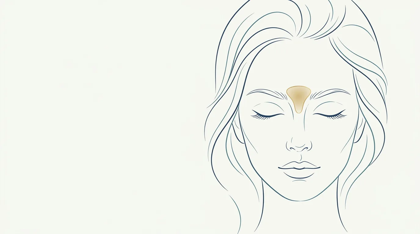 Ilustração de rosto feminino em linhas índigo e teal com a região entre as sobrancelhas realçada em dourado