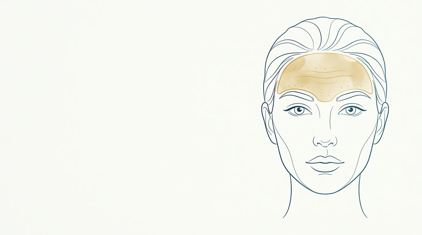 Ilustração de rosto feminino em linhas índigo e teal com a testa realçada em dourado