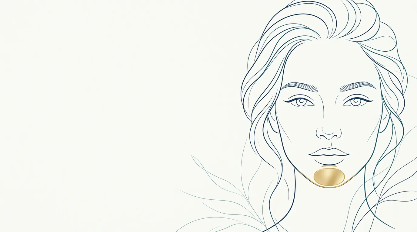 Ilustração de rosto feminino em linhas índigo e teal com o queixo realçado em dourado