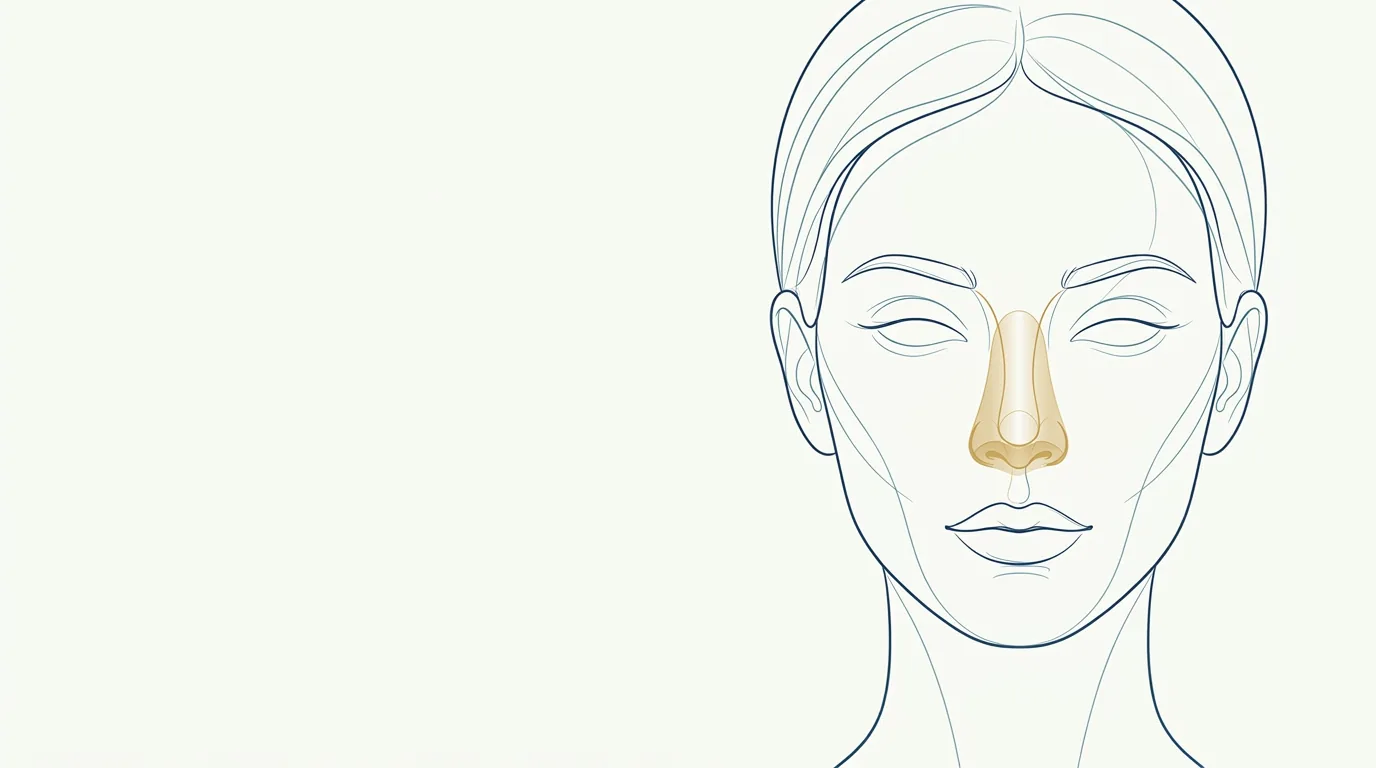Ilustração de rosto feminino em linhas índigo e teal com o nariz realçado em dourado