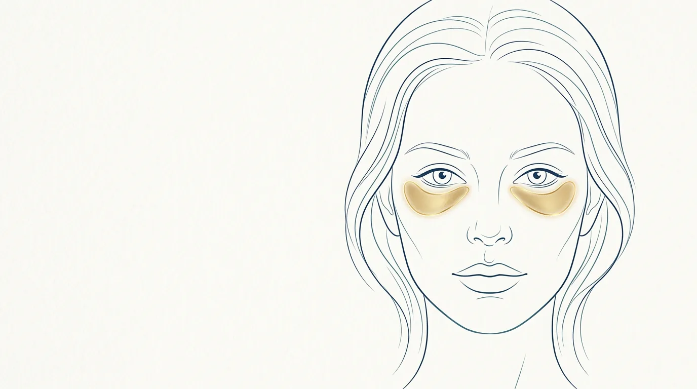 Ilustração de rosto feminino em linhas índigo e teal com a região abaixo dos olhos realçada em dourado