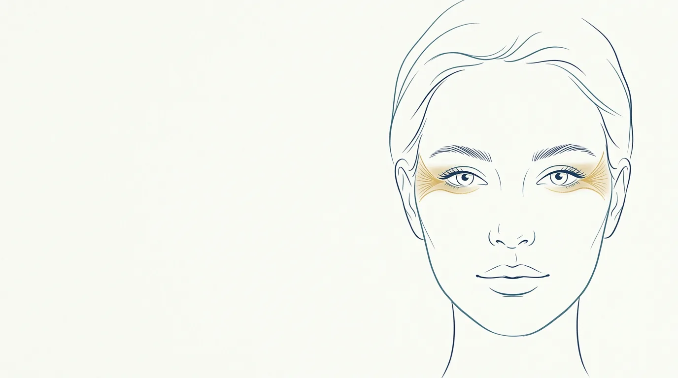 Ilustração de rosto feminino em linhas índigo e teal com a região ao redor dos olhos realçada em dourado
