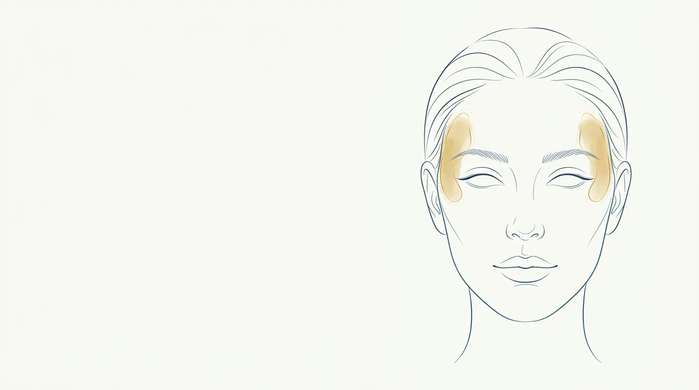Ilustração de rosto feminino em linhas índigo e teal com as têmporas realçadas em dourado